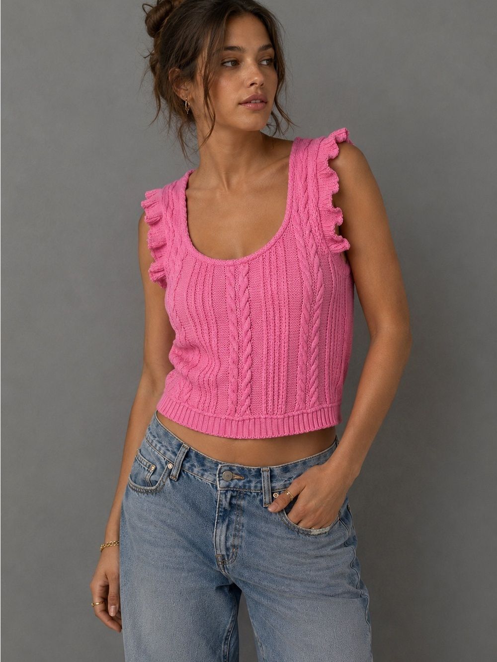 Zara Pink Cable Knit Ruffle Sleeve Sweater Tank Top Size Large